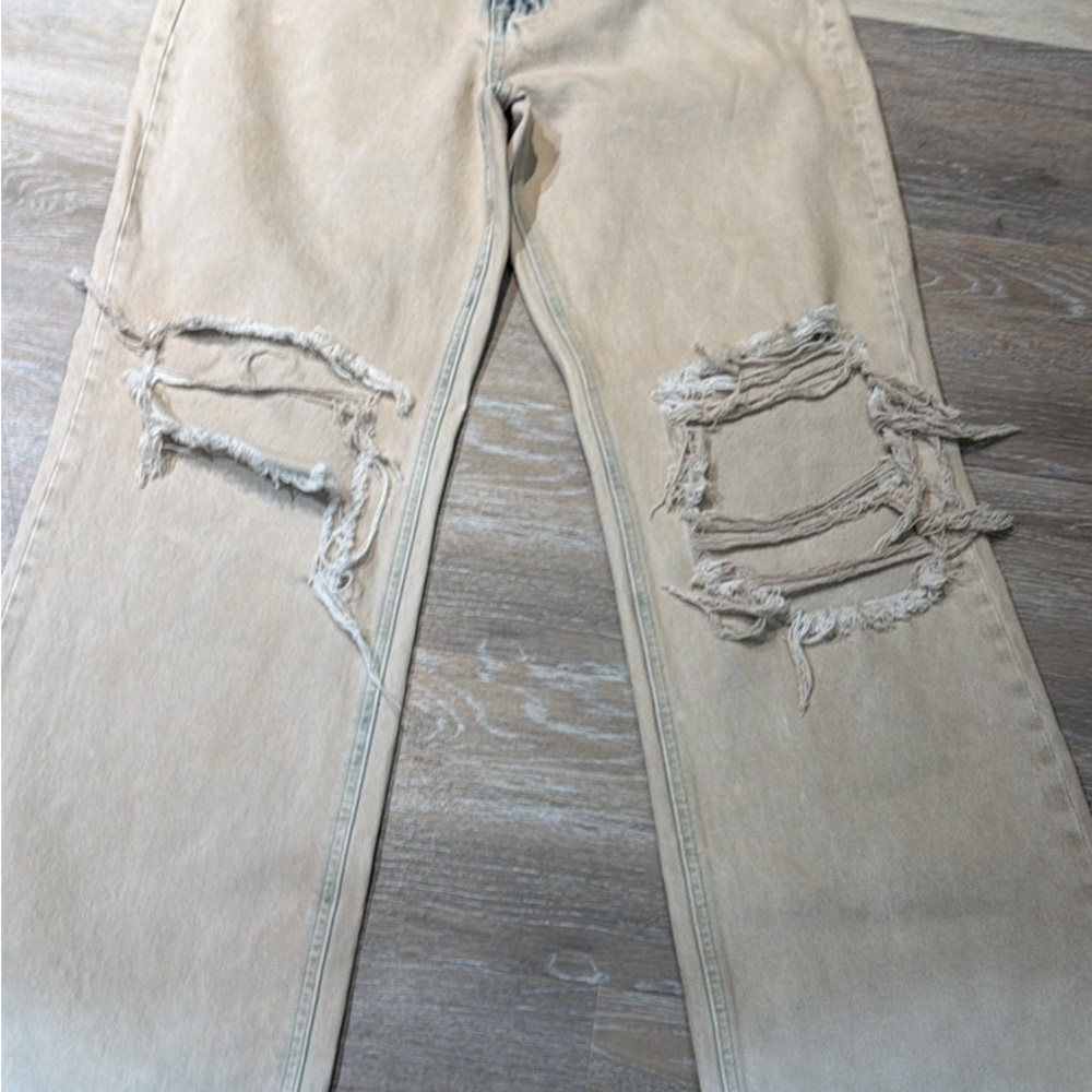 Stylish Tan Distressed Flare Jeans
